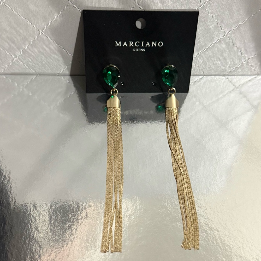 (NEW) MARCIANO Green Diamond and Gold Tassel Drop Earrings